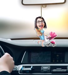 Kişiye Özel Ev Hanımı Karikatürlü Ahşap Araba Dikiz Ayna Süsü-1