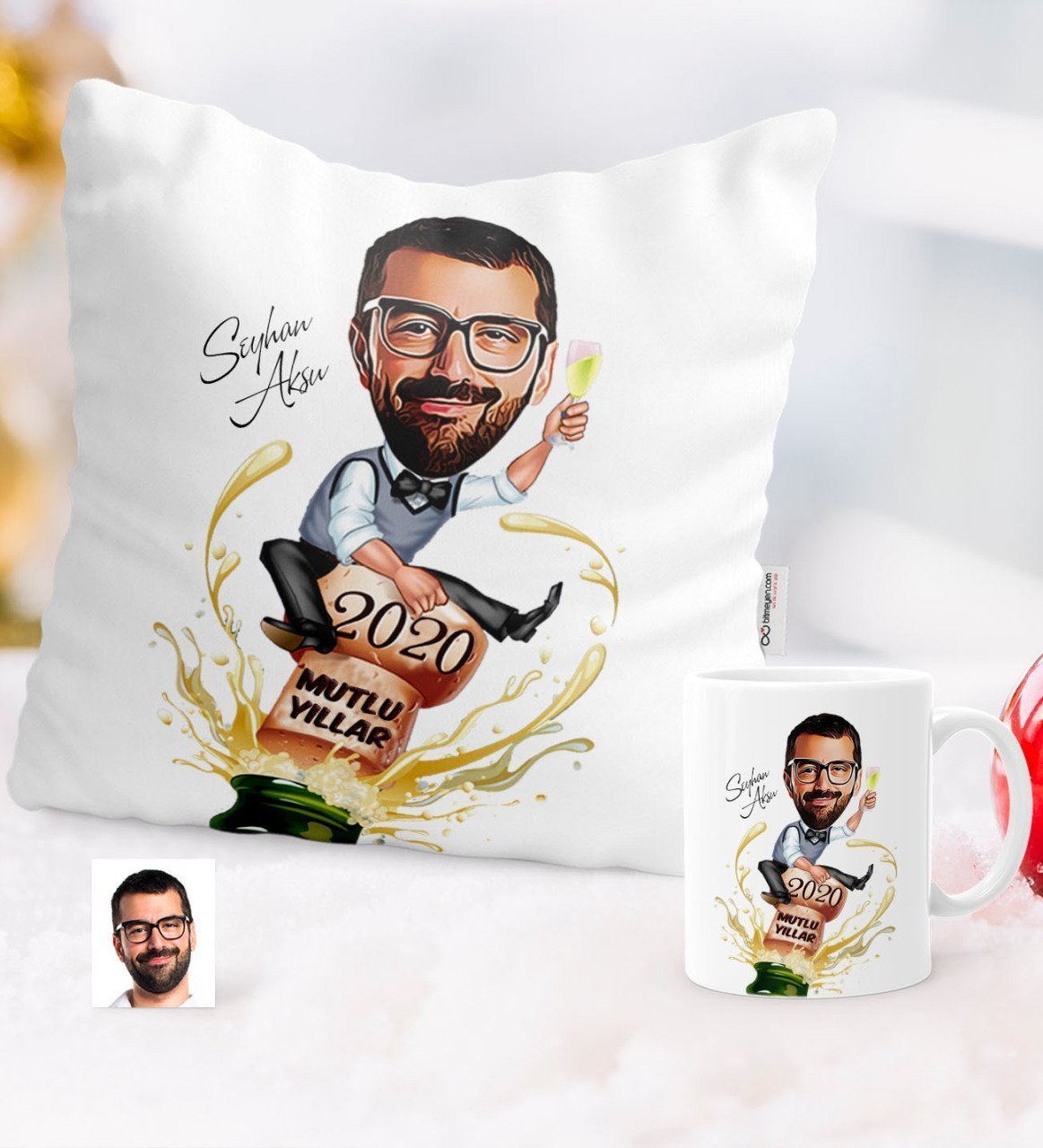 Kişiye Özel Yılbaşı Temalı Bay Karikatürlü Yastık Kupa Seti - 6