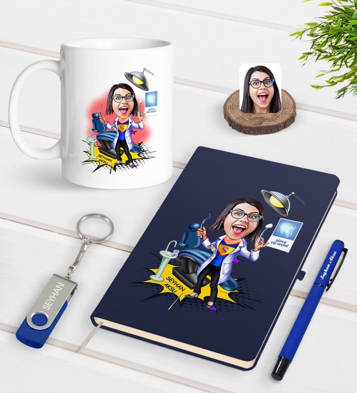 Kişiye Özel Kadın Diş Hekimi Karikatürlü Lacivert Defter Kalem Kupa 32gb USB Bellek Hediye Seti-1