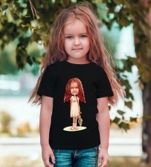 Kişiye Özel Kız Çocuk Karikatürlü Siyah T-Shirt-7