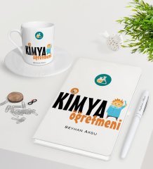 Kişiye Özel Kimya Öğretmeni Beyaz Defter Kalem Türk Kahvesi Fincanı Seti-1