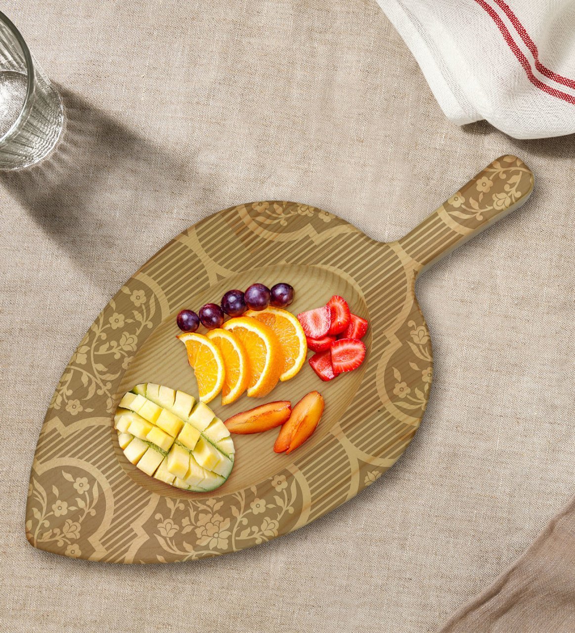 BK Gift Retro Motif Tasarımlı Yaprak Şeklinde Doğal Ahşap Servis ve Sunum Tabağı Model 16