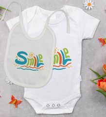 BK Kids Smile Tasarımlı Bebek Body Zıbın ve Mama Önlüğü Hediye Seti - Model 1