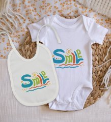 BK Kids Smile Tasarımlı Bebek Body Zıbın ve Mama Önlüğü Hediye Seti - Model 1