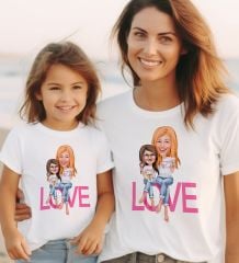 BK Gift 2’li Kişiye Özel Anne-Kız Karikatürlü Kombin Tişört Seti-8, Anneye Hediye, Anneler Günü Hediyeleri