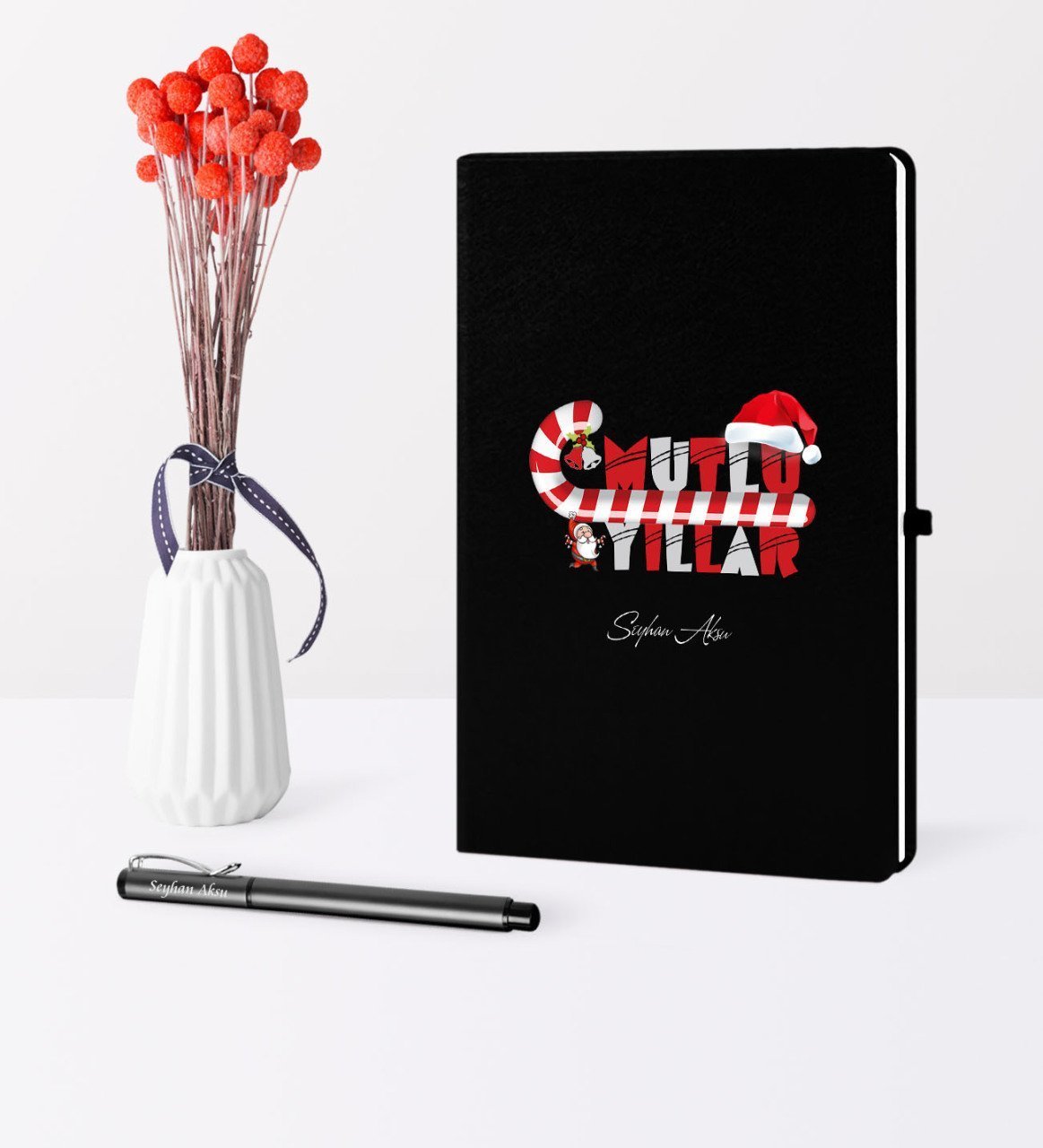 Kişiye Özel Yılbaşı Mutlu Yıllar Temalı Siyah Defter Kalem Seti - 2