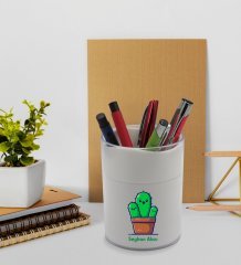 BK Gift Kişiye Özel Kaktüs Tasarımlı Beyaz Akrilik Kalemlik - Model 3