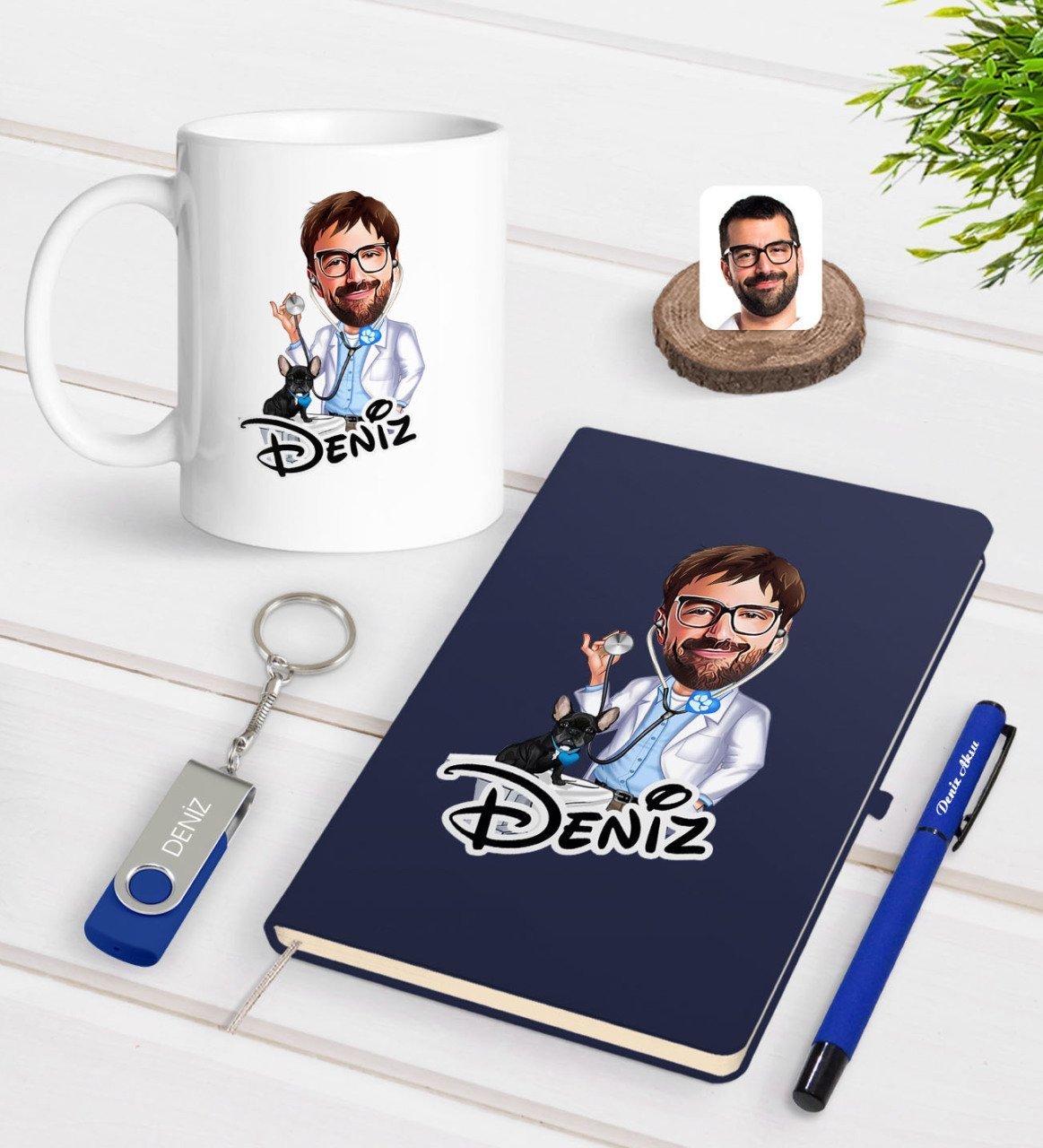 Kişiye Özel Erkek Veteriner Hekim Karikatürlü Lacivert Defter Kalem Kupa 32gb USB Bellek Hediye Seti-1