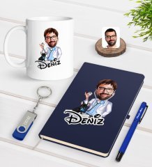 Kişiye Özel Erkek Veteriner Hekim Karikatürlü Lacivert Defter Kalem Kupa 32gb USB Bellek Hediye Seti-1