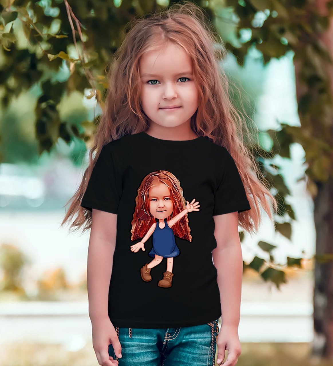 Kişiye Özel Kız Çocuk Karikatürlü Siyah T-Shirt-4