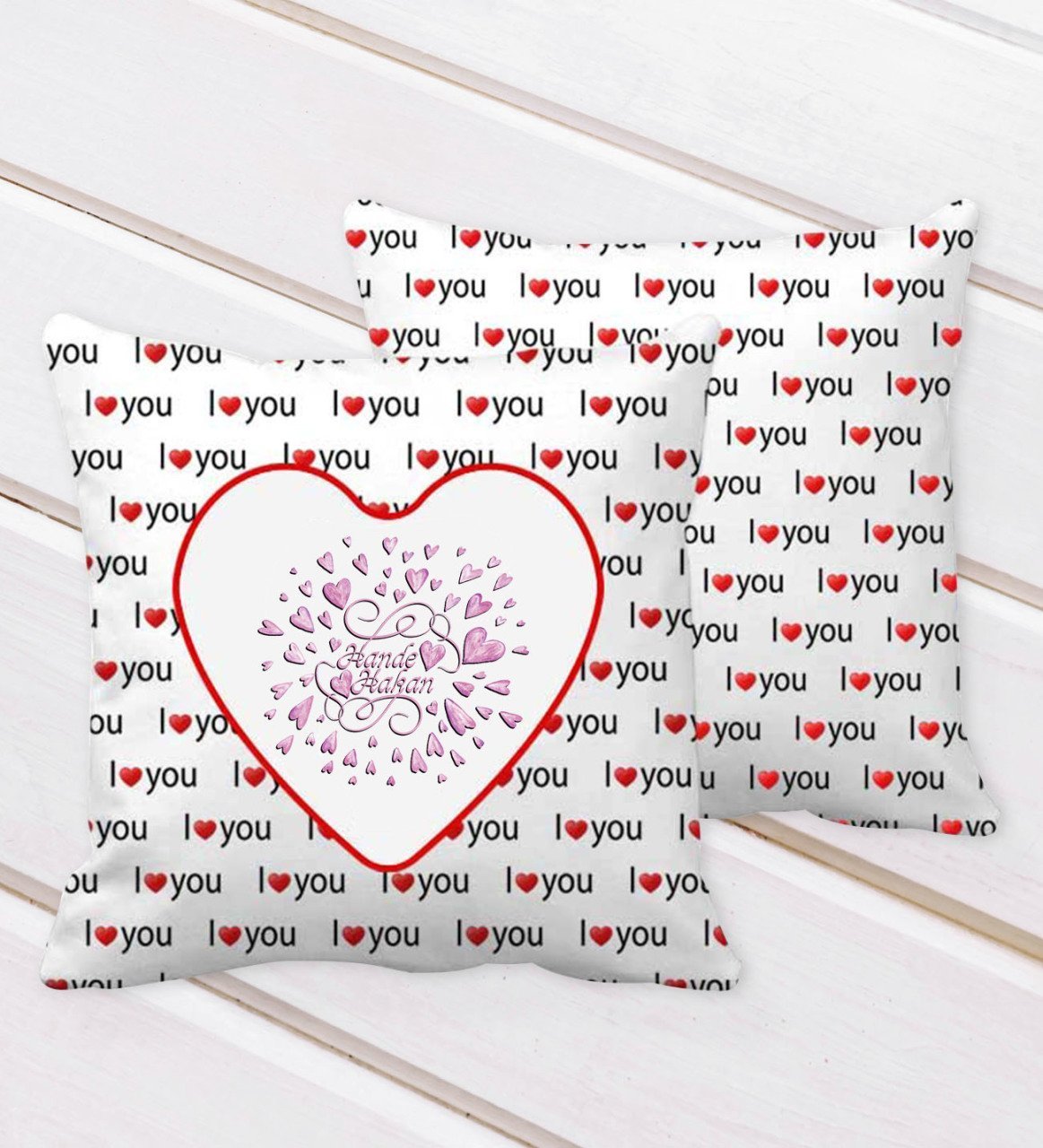 Kişiye Özel Sevgililer Günü I Love You Kalp Desenli Dekoratif Kırlent Yastık-27
