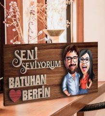 BK Gift Kişiye Özel Sevgililer Karikatürlü Kabartma Figürlü Ahşap Tablo, Duvar Dekoru,Sevgiliye Hediye,Ev Dekorasyonu,Sevgililer Günü Hediyesi