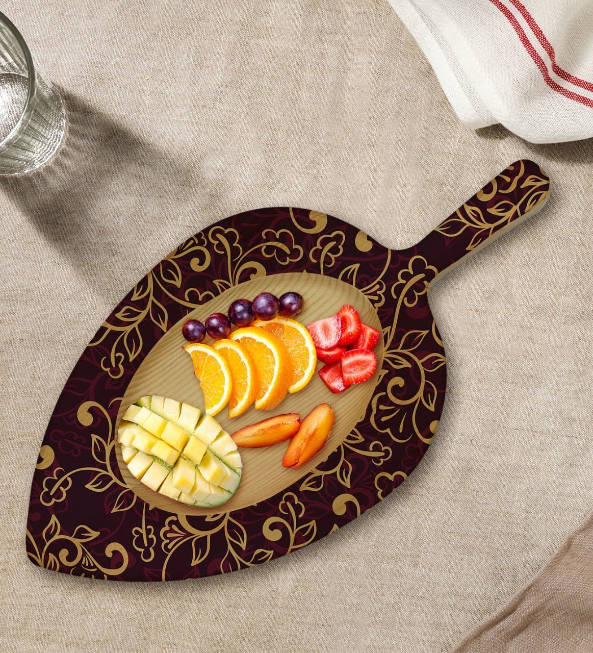 BK Gift Retro Motif Tasarımlı Yaprak Şeklinde Doğal Ahşap Servis ve Sunum Tabağı Model 13