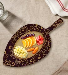 BK Gift Retro Motif Tasarımlı Yaprak Şeklinde Doğal Ahşap Servis ve Sunum Tabağı Model 13