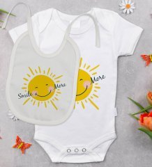BK Kids Smile More Tasarımlı Bebek Body Zıbın ve Mama Önlüğü Hediye Seti - Model 1