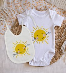 BK Kids Smile More Tasarımlı Bebek Body Zıbın ve Mama Önlüğü Hediye Seti - Model 1