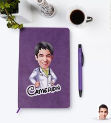 Kişiye Özel Erkek Doktor Karikatürlü Mor Termo Deri Defter Kalem Seti Model 1