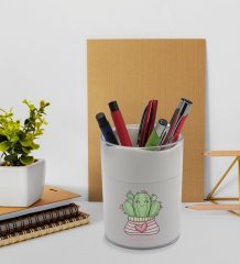BK Gift Kişiye Özel Kaktüs Tasarımlı Beyaz Akrilik Kalemlik - Model 2