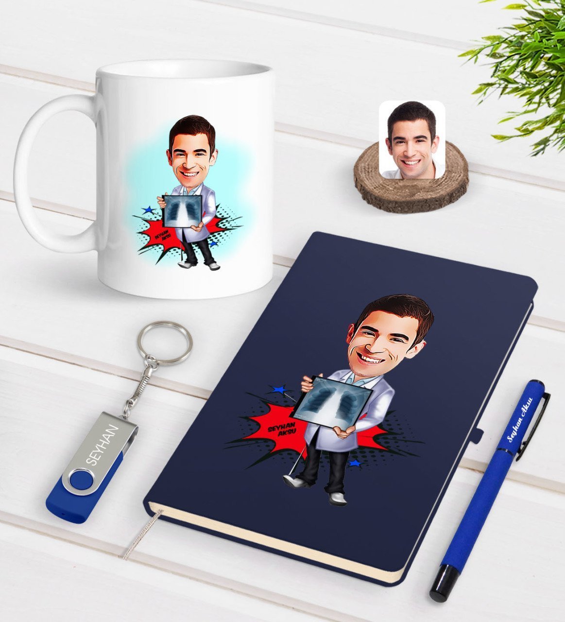 Kişiye Özel Erkek Radyolojist Karikatürlü Lacivert Defter Kalem Kupa 32gb USB Bellek Hediye Seti-1