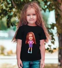 Kişiye Özel Kız Çocuk Karikatürlü Siyah T-Shirt-3