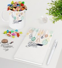 Kişiye Özel Yılbaşı Mutlu Yıllar Beyaz Defter Kalem Kupa ve Haribo Şeker Hediye Seti-15