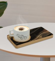 Kişiye Özel Mermer Tasarımlı Doğal Ahşap Tabaklı Seramik Fincan Sunum Seti  Model 7