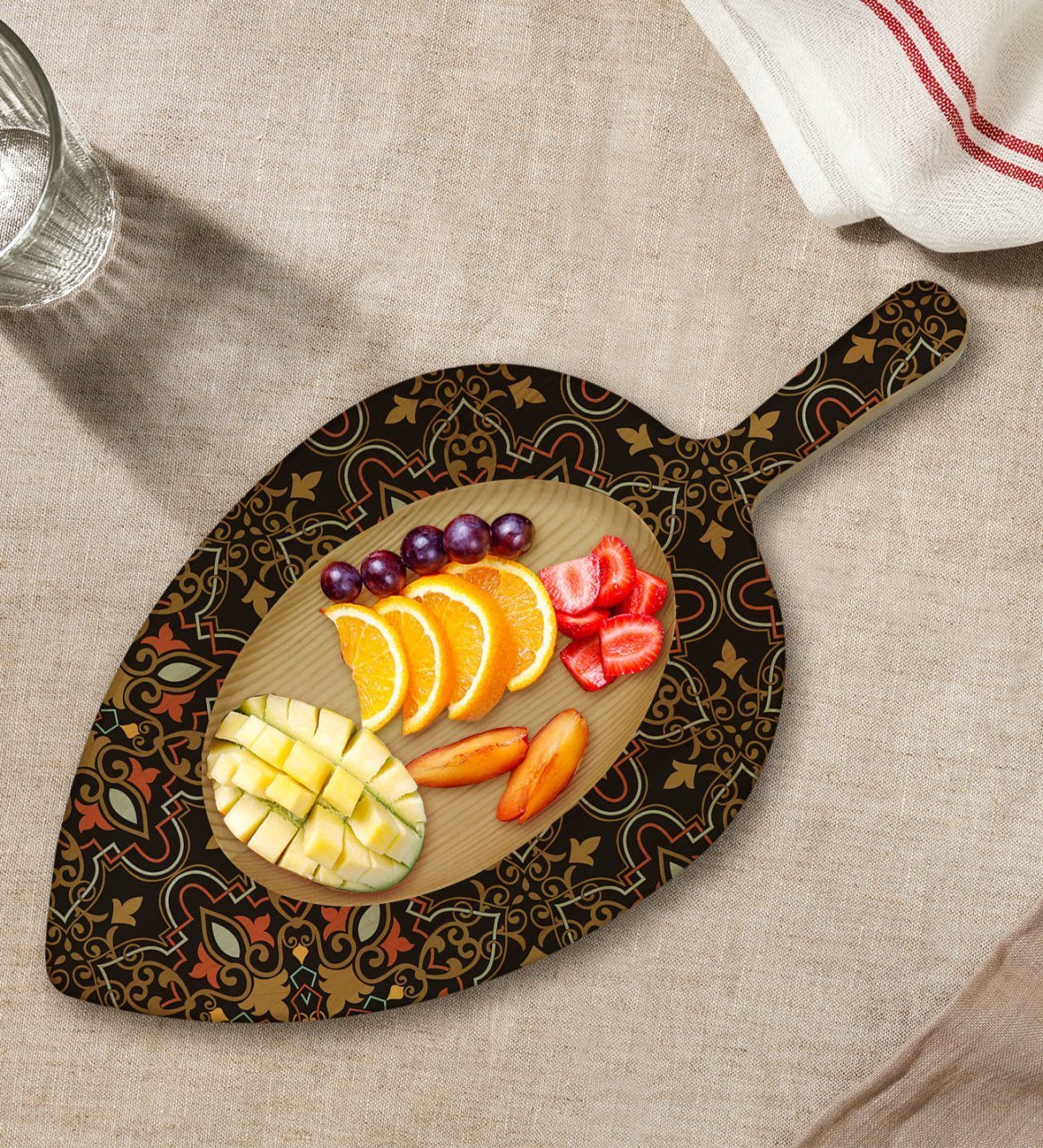 BK Gift Retro Motif Tasarımlı Yaprak Şeklinde Doğal Ahşap Servis ve Sunum Tabağı Model 12