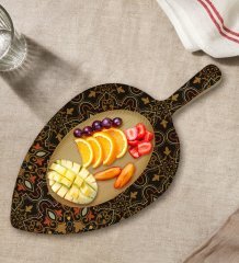 BK Gift Retro Motif Tasarımlı Yaprak Şeklinde Doğal Ahşap Servis ve Sunum Tabağı Model 12