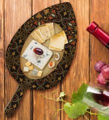 BK Gift Retro Motif Tasarımlı Yaprak Şeklinde Doğal Ahşap Servis ve Sunum Tabağı Model 12