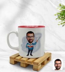 Kişiye Özel Erkek Öğretmen Karikatürlü İçi Kırmızı Renkli Kupa Bardak Model 2