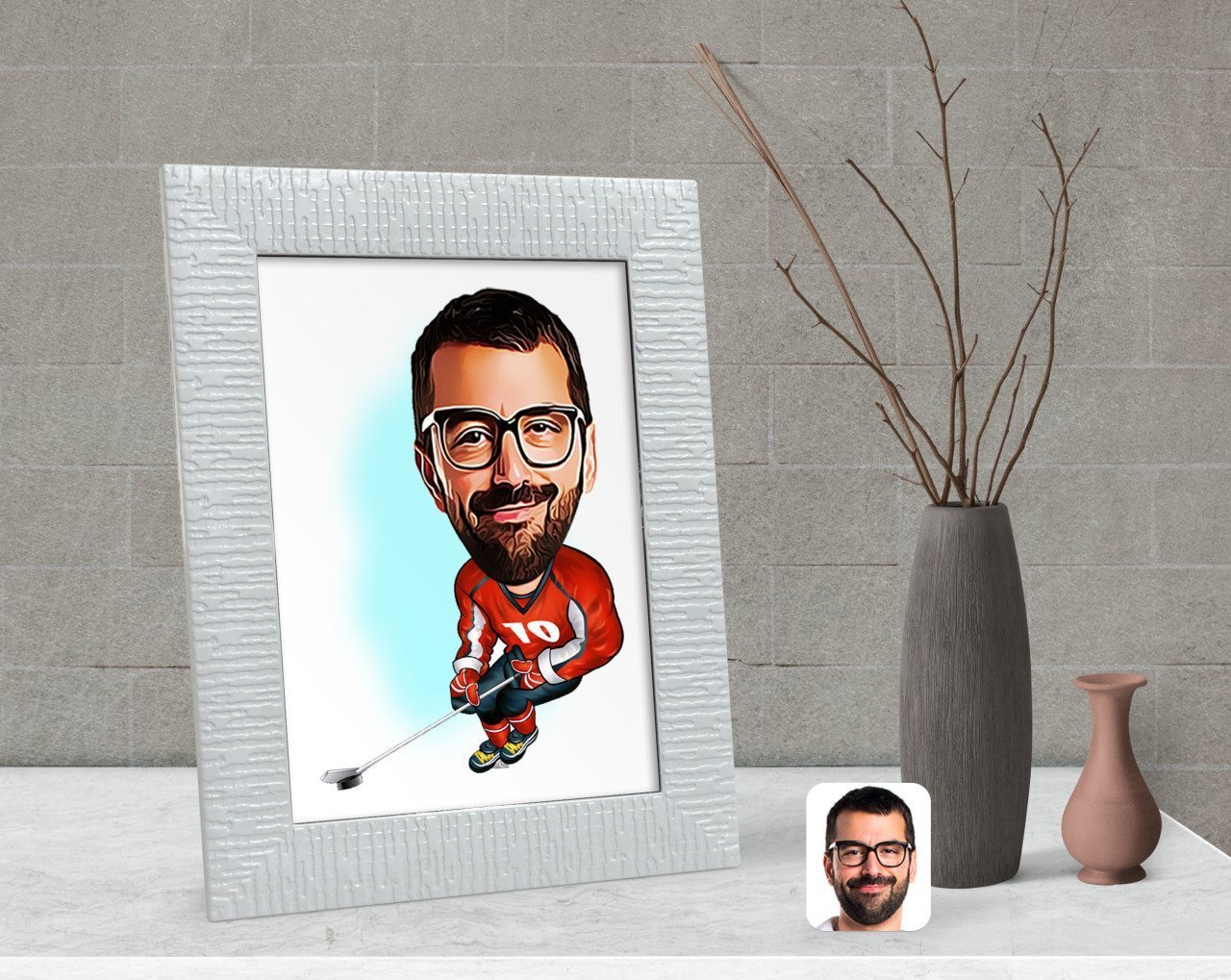 Kişiye Özel Hokeyci Karikatürlü Dekoratif Çerçeve-1