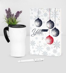 Kişiye Özel Yılbaşı Mutlu Yıllar Temalı Beyaz Defter Kalem Termos Mug Seti - 13