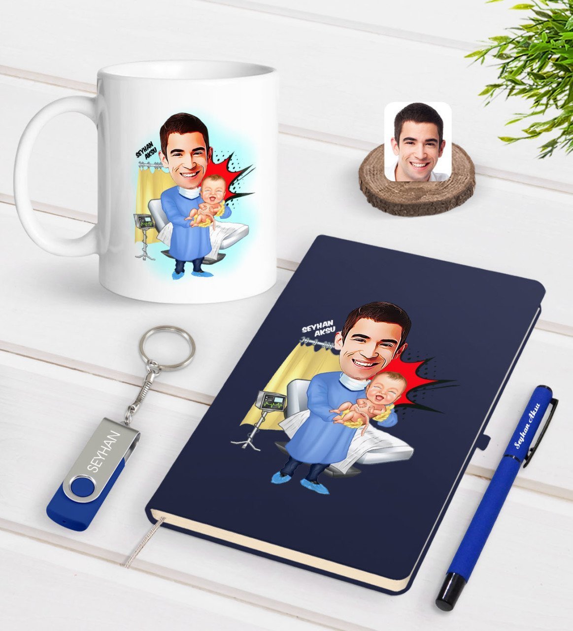 Kişiye Özel Erkek Kadın Doğum Uzmanı Karikatürlü Lacivert Defter Kalem Kupa 32gb USB Bellek Hediye Seti-1