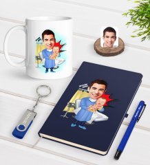 Kişiye Özel Erkek Kadın Doğum Uzmanı Karikatürlü Lacivert Defter Kalem Kupa 32gb USB Bellek Hediye Seti-1