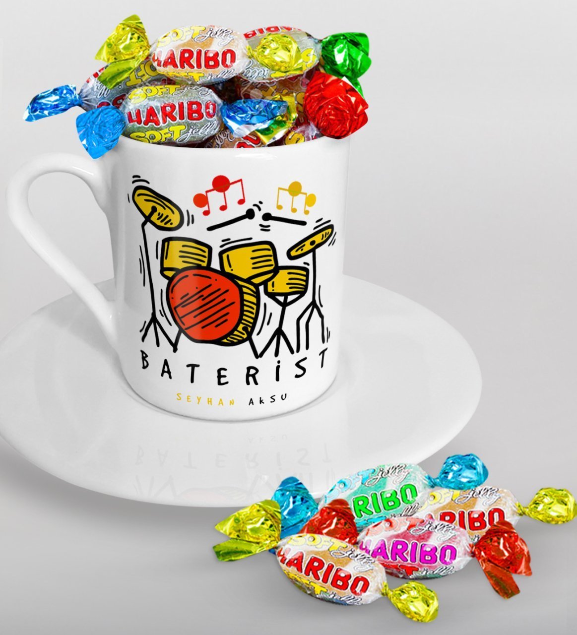Kişiye Özel Baterist Türk Kahvesi Fincanı ve Haribo Şeker Hediye Seti-2