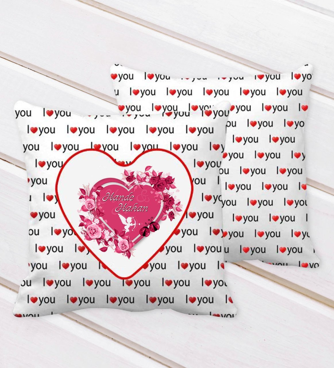 Kişiye Özel Sevgililer Günü I Love You Kalp Desenli Dekoratif Kırlent Yastık-3