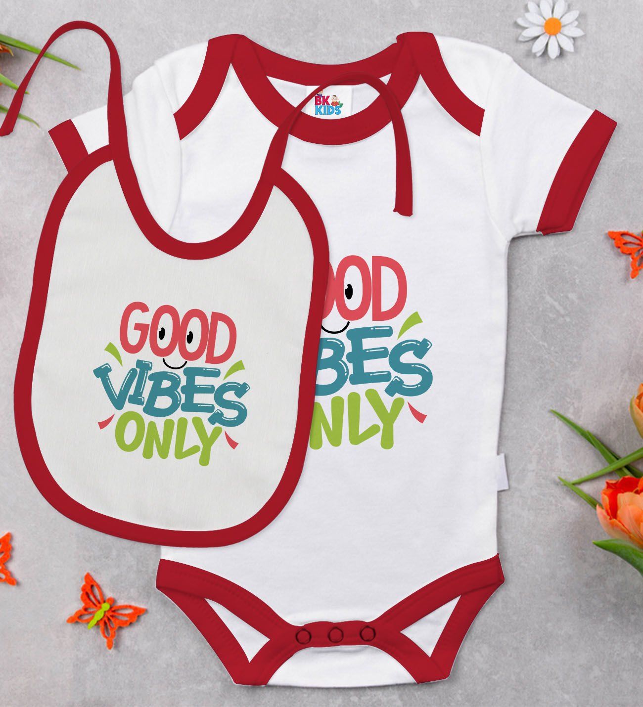BK Kids Good Vibes Only Tasarımlı Kırmızı Bebek Body Zıbın ve Mama Önlüğü Hediye Seti-1