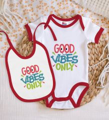BK Kids Good Vibes Only Tasarımlı Kırmızı Bebek Body Zıbın ve Mama Önlüğü Hediye Seti-1