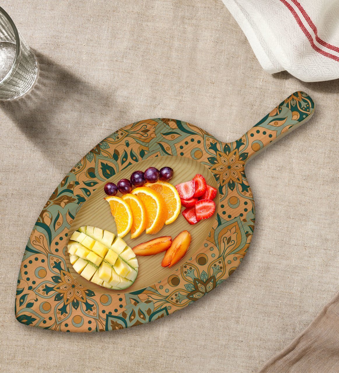 BK Gift Retro Motif Tasarımlı Yaprak Şeklinde Doğal Ahşap Servis ve Sunum Tabağı Model 11