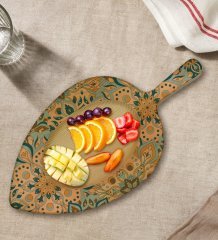 BK Gift Retro Motif Tasarımlı Yaprak Şeklinde Doğal Ahşap Servis ve Sunum Tabağı Model 11