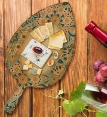 BK Gift Retro Motif Tasarımlı Yaprak Şeklinde Doğal Ahşap Servis ve Sunum Tabağı Model 11
