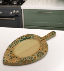 BK Gift Retro Motif Tasarımlı Yaprak Şeklinde Doğal Ahşap Servis ve Sunum Tabağı Model 11