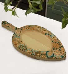 BK Gift Retro Motif Tasarımlı Yaprak Şeklinde Doğal Ahşap Servis ve Sunum Tabağı Model 11