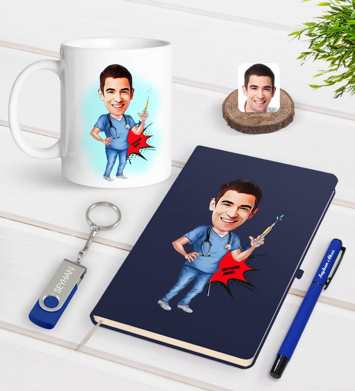 Kişiye Özel Erkek Hemşir Karikatürlü Lacivert Defter Kalem Kupa 32gb USB Bellek Hediye Seti-1