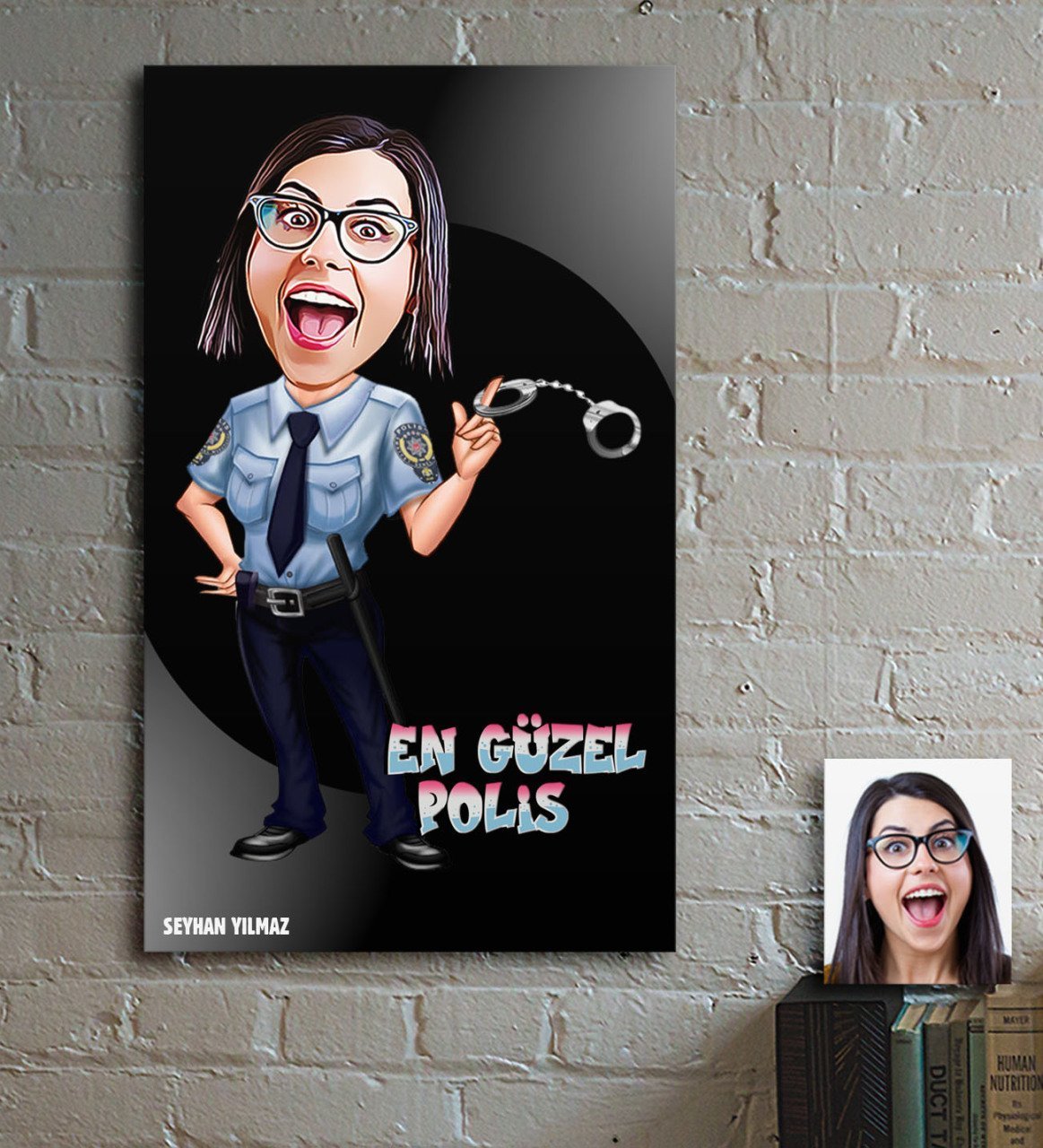 Kişiye Özel En Güzel Polis Karikatür Ahşap Tablo - 1