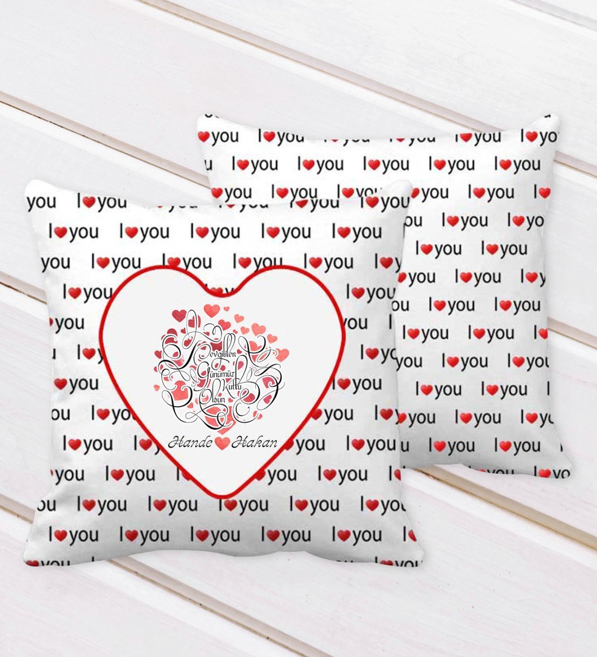 Kişiye Özel Sevgililer Günü I Love You Kalp Desenli Dekoratif Kırlent Yastık-1