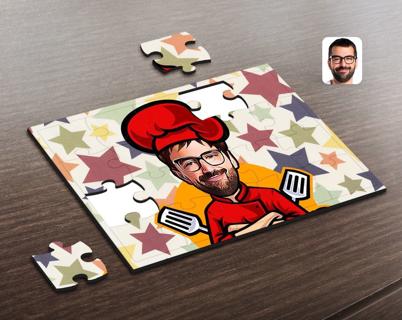 Kişiye Özel Erkek Chef Karikatürlü Ahşap Puzzle-11