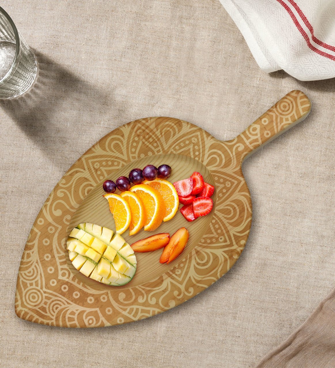 BK Gift Retro Motif Tasarımlı Yaprak Şeklinde Doğal Ahşap Servis ve Sunum Tabağı Model 9