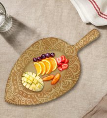 BK Gift Retro Motif Tasarımlı Yaprak Şeklinde Doğal Ahşap Servis ve Sunum Tabağı Model 9