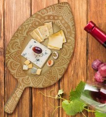 BK Gift Retro Motif Tasarımlı Yaprak Şeklinde Doğal Ahşap Servis ve Sunum Tabağı Model 9